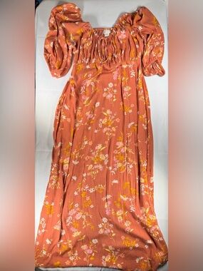 Billabong True Romance Puff Sleeve Midi Dress in Orange & Pink Size Medium